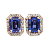 Tanzanite Stud Earrings in 14K Rose Gold | Diamond Accents | Emerald Cut | December Birthstone
