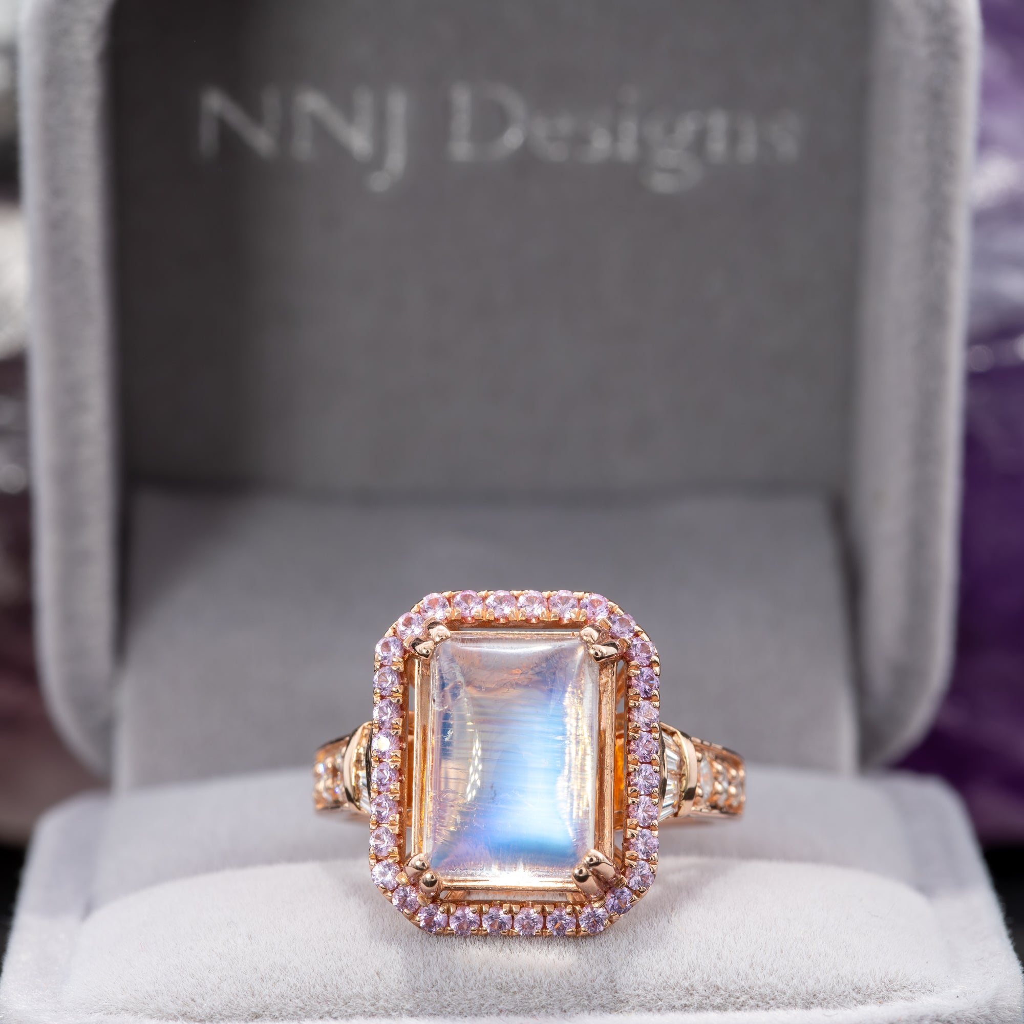 14K rose gold rainbow moonstone ring