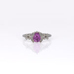 14K white gold pink sapphire pear ring with diamond halo