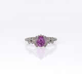 14K white gold pink sapphire pear ring with diamond halo