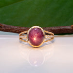 14K yellow gold star ruby cabochon ring with diamond accents