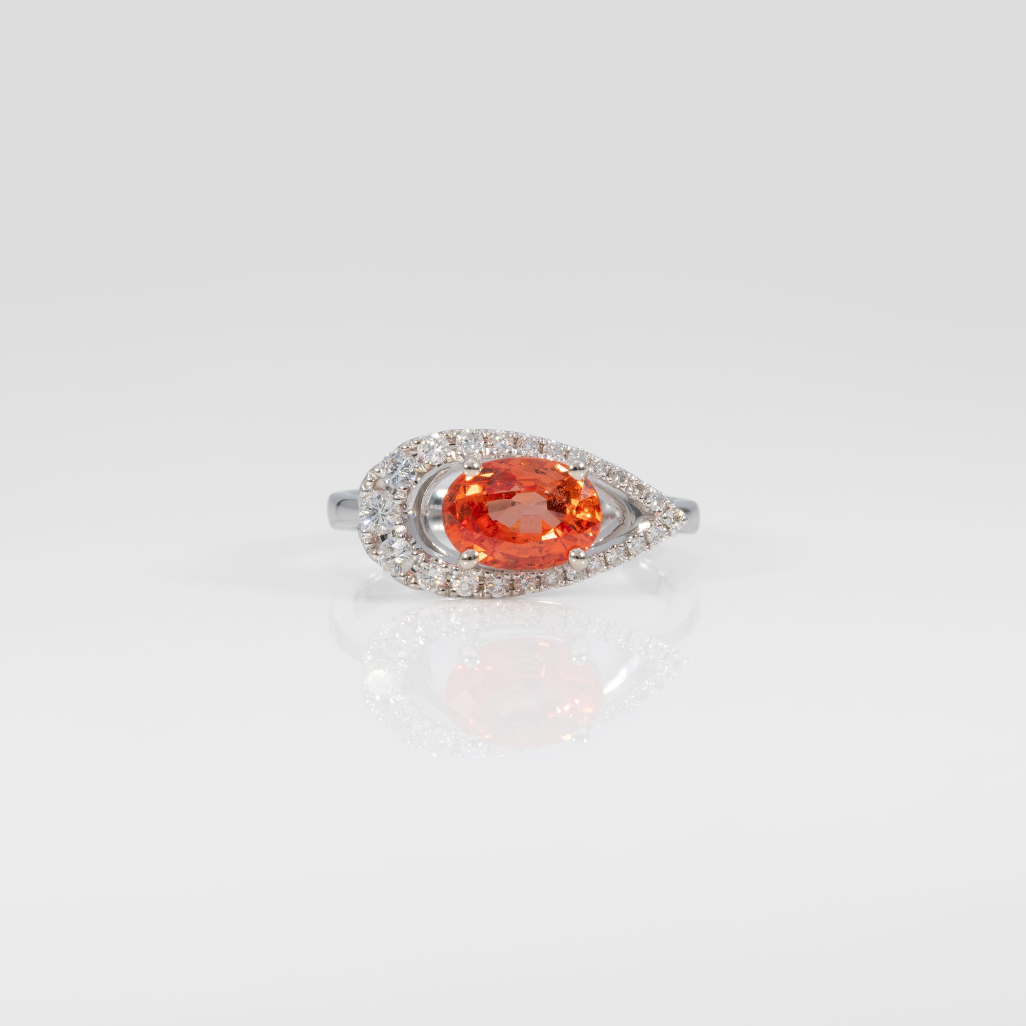 14K white gold padparadscha sapphire ring with diamond accents