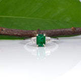 14K white gold Zambian emerald ring with diamond accents