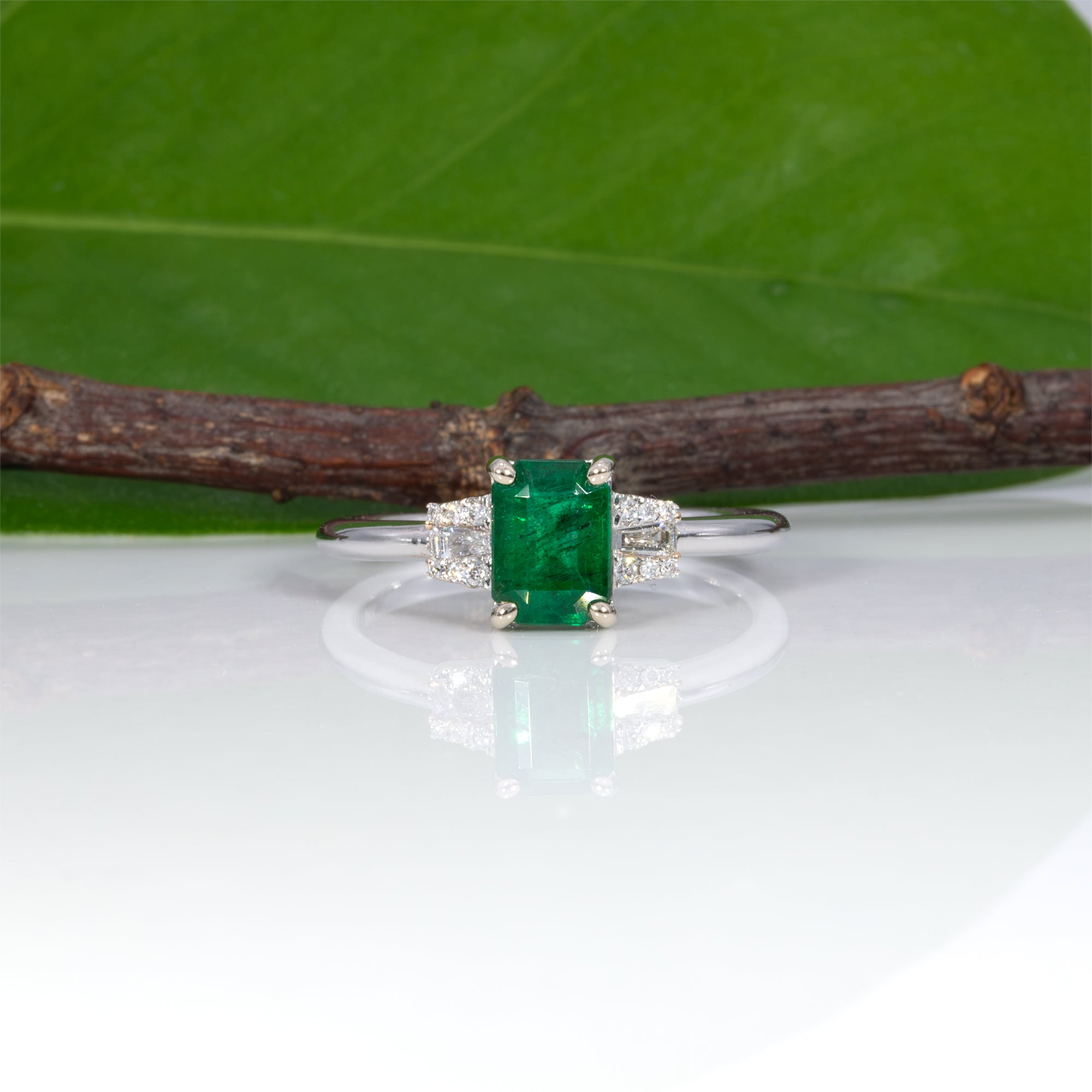 14K white gold Zambian emerald ring with diamond accents