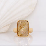 Isla Golden Rutilated Quartz Ring in Solid 18K Yellow Gold | Emerald cut 17x11mm | Solitaire Ring | Statement Ring