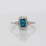 London Blue Topaz Ring with Earth Mined Diamond Accents in Solid 14K Gold – 6x4mm Emerald Cut Fine Jewelry Ring