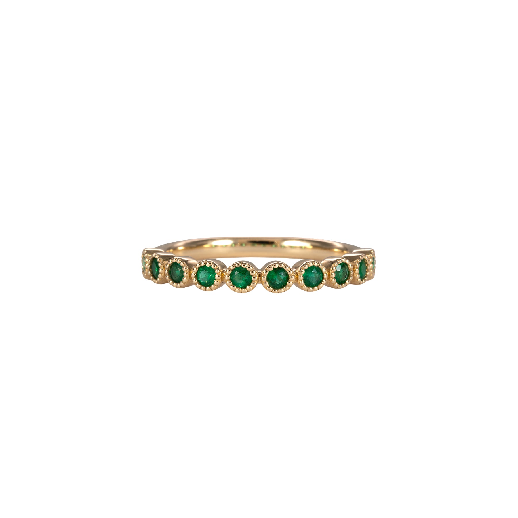 14K yellow gold band with round Zambian emerald accents