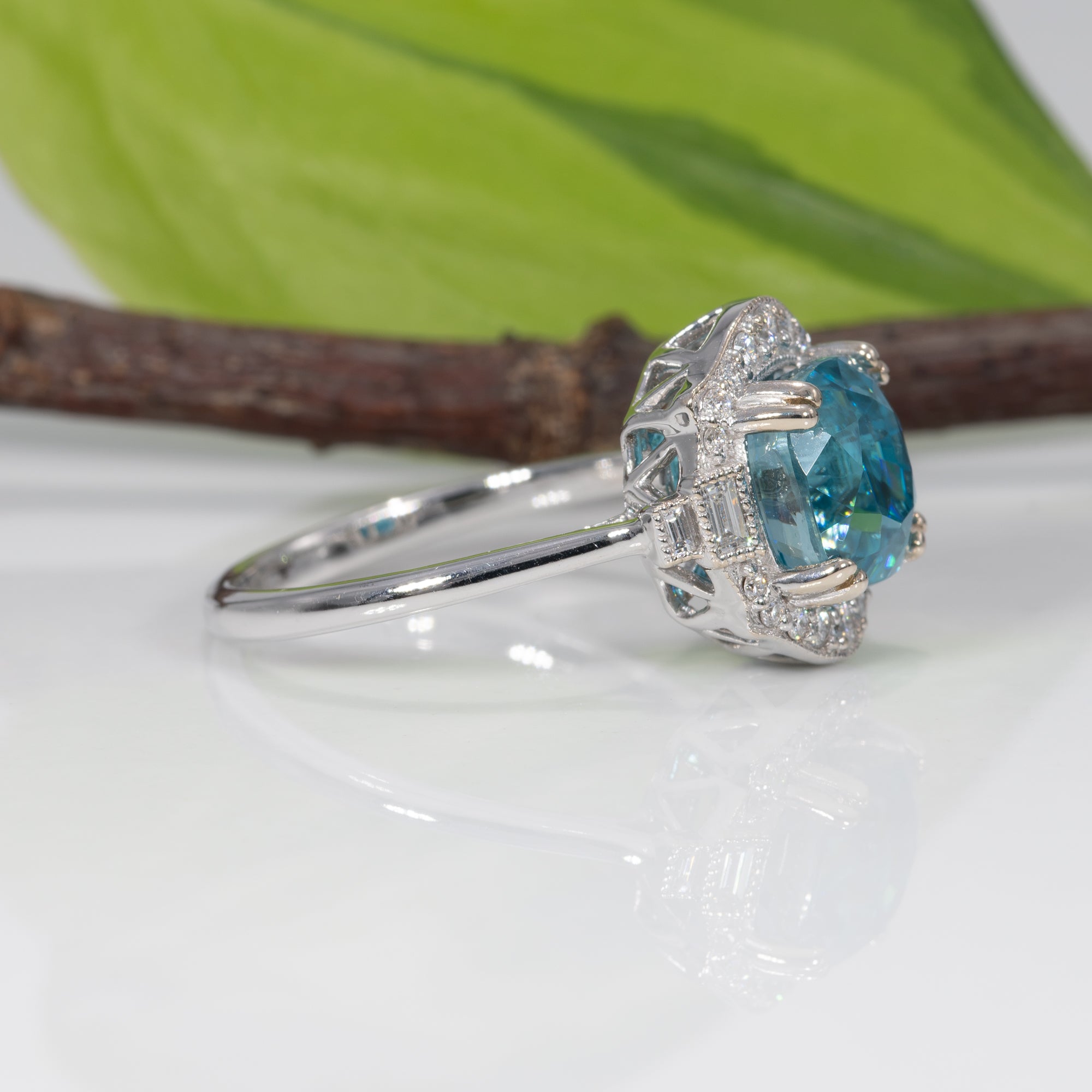 14K white gold cambodian blue zircon ring