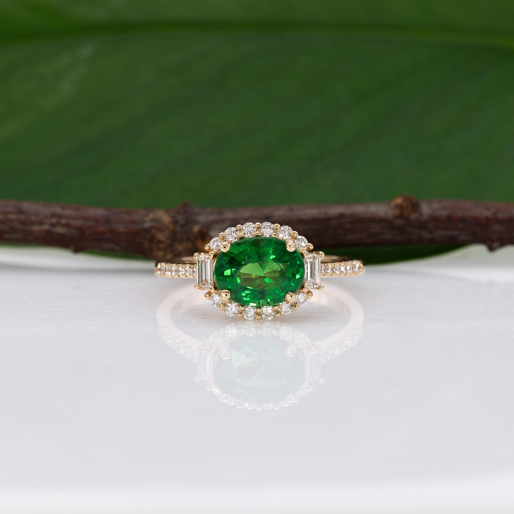 14K yellow gold tsavorite garnet ring with diamond accents
