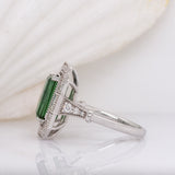 3.2ct Chrome Tourmaline Ring w Earth Mined Diamonds in Solid 14K White Gold | Emerald cut 11x6.5mm