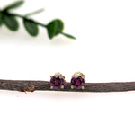 4mm Round Madagascar Rhodolite Garnet Solitaire Stud Earrings in 14K Yellow Gold