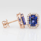 Tanzanite Stud Earrings in 14K Rose Gold | Diamond Accents | Emerald Cut | December Birthstone