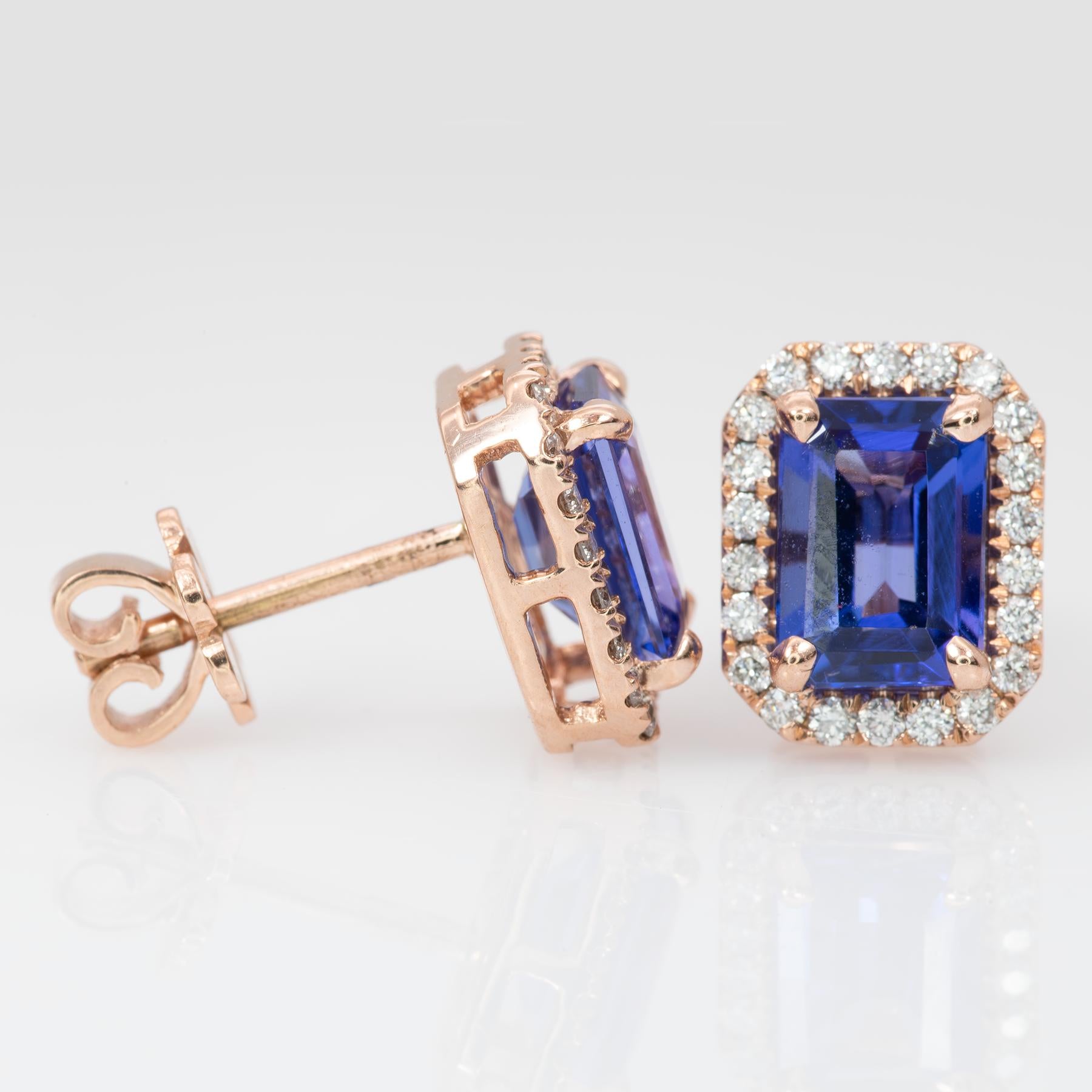 Tanzanite Stud Earrings in 14K Rose Gold | Diamond Accents | Emerald Cut | December Birthstone