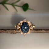 3.6ct Star Sapphire Ring w Natural Diamond Accents in Solid 14K Gold | OV 9x8mm