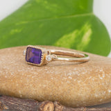 Amethyst Ring with Natural Diamond Accents in Solid 14K Gold – Emerald Cut 7x5mm Purple Gemstone Ring, Vintage Style Fine Jewelry