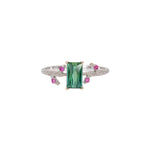 14K white gold indicolite tourmaline ring with pink sapphire accents
