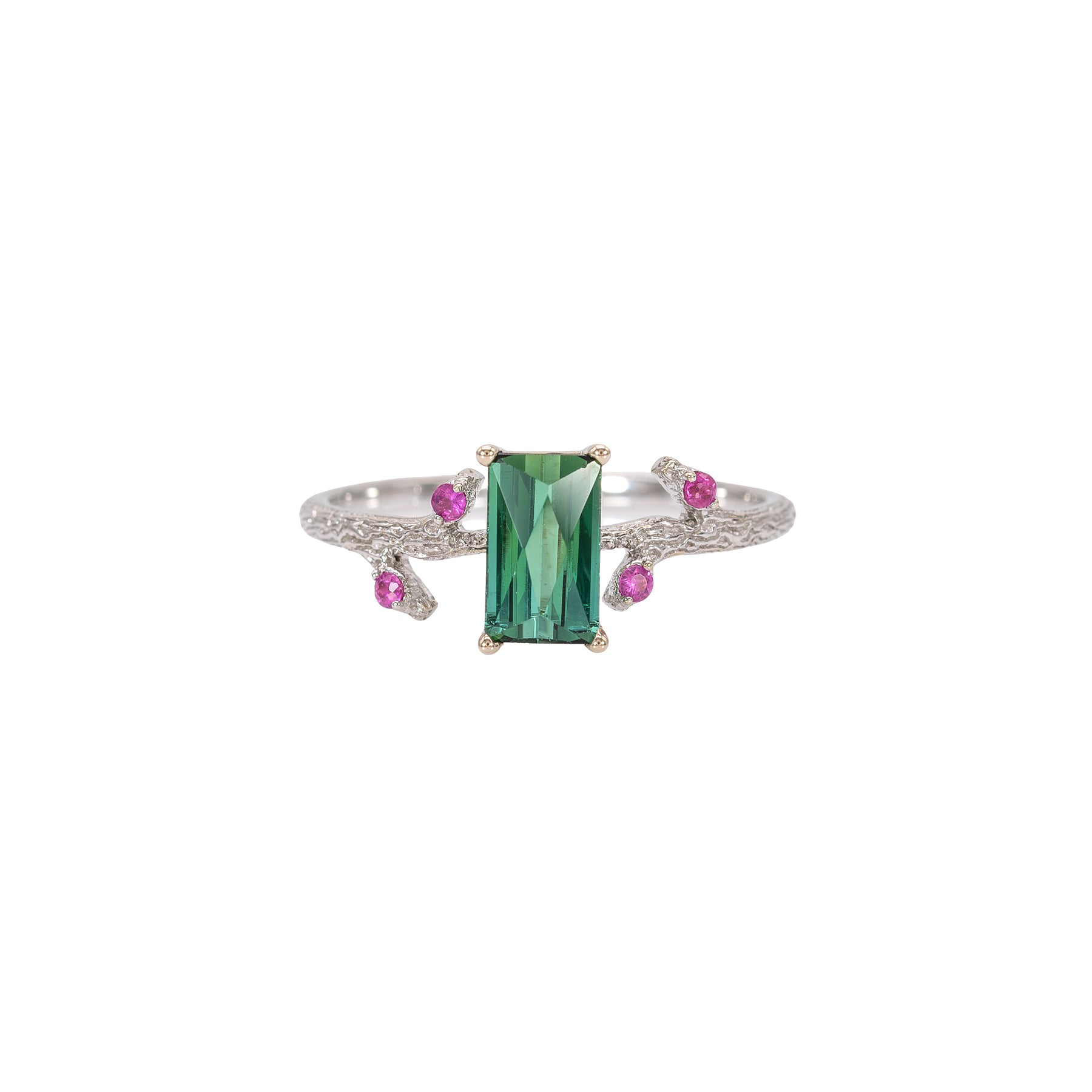14K white gold indicolite tourmaline ring with pink sapphire accents