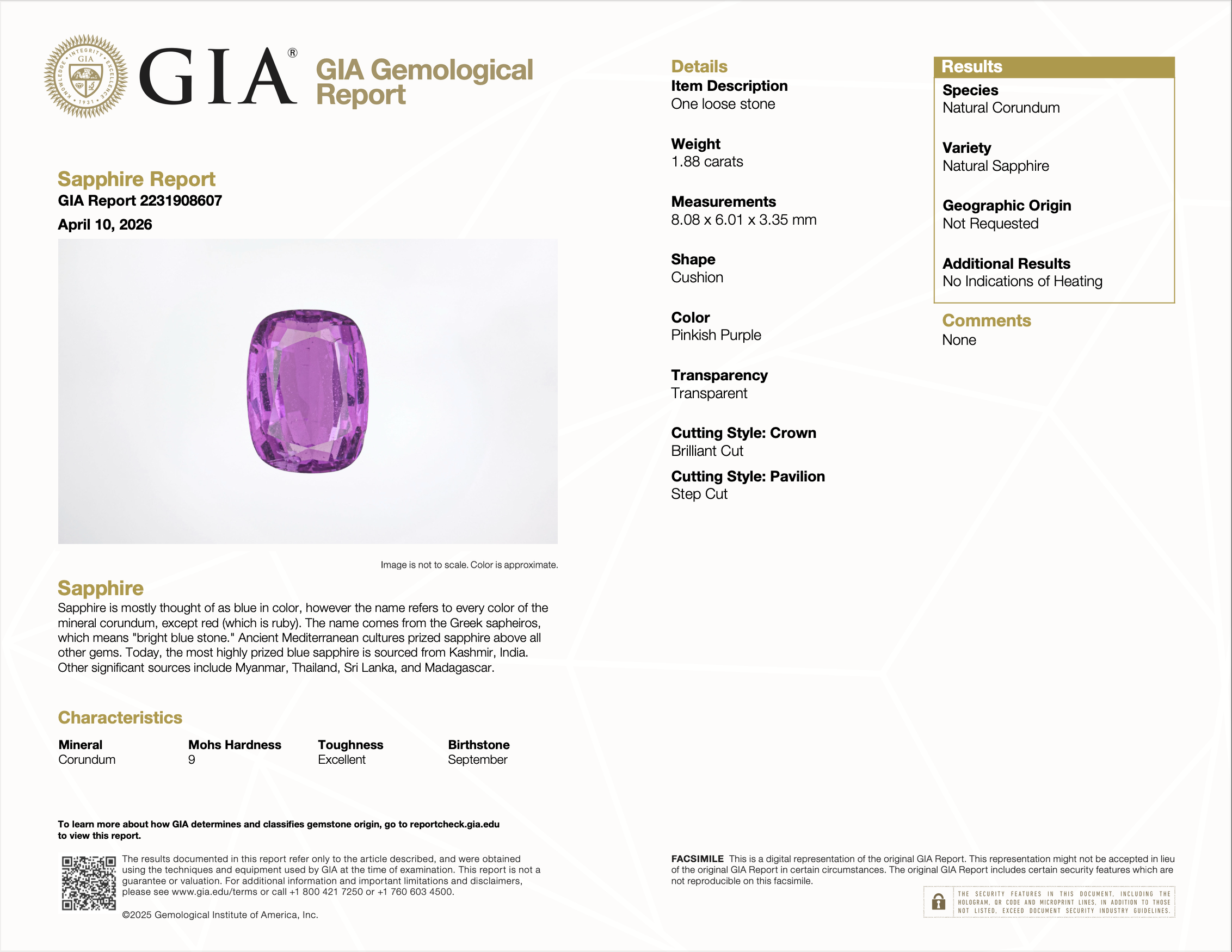 GIA report 2231908607 for 1.88 carat natural unheated purple sapphire