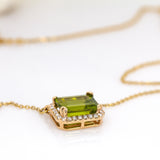 Wendy 14K Yellow Gold Peridot and Diamond Halo Necklace | EM 9x7mm