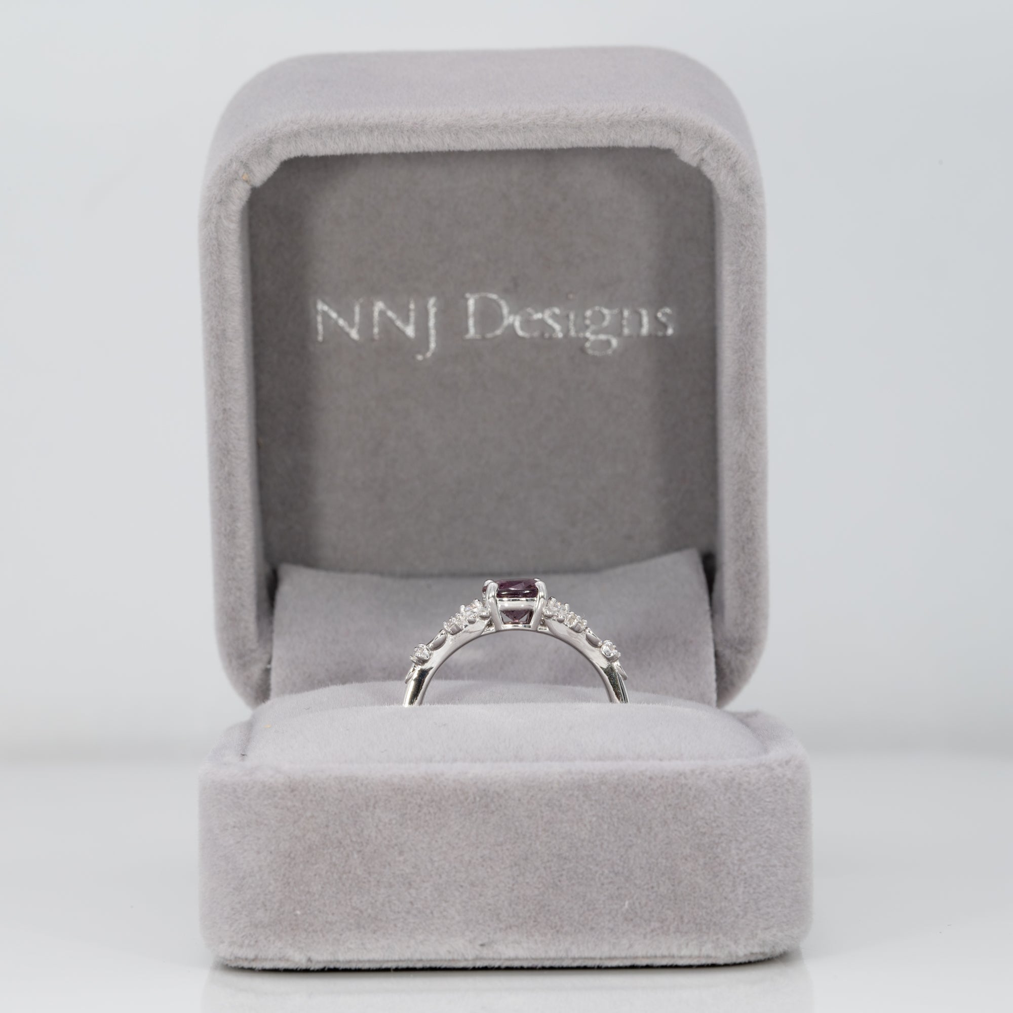 14K white gold purple spinel ring with diamond accents