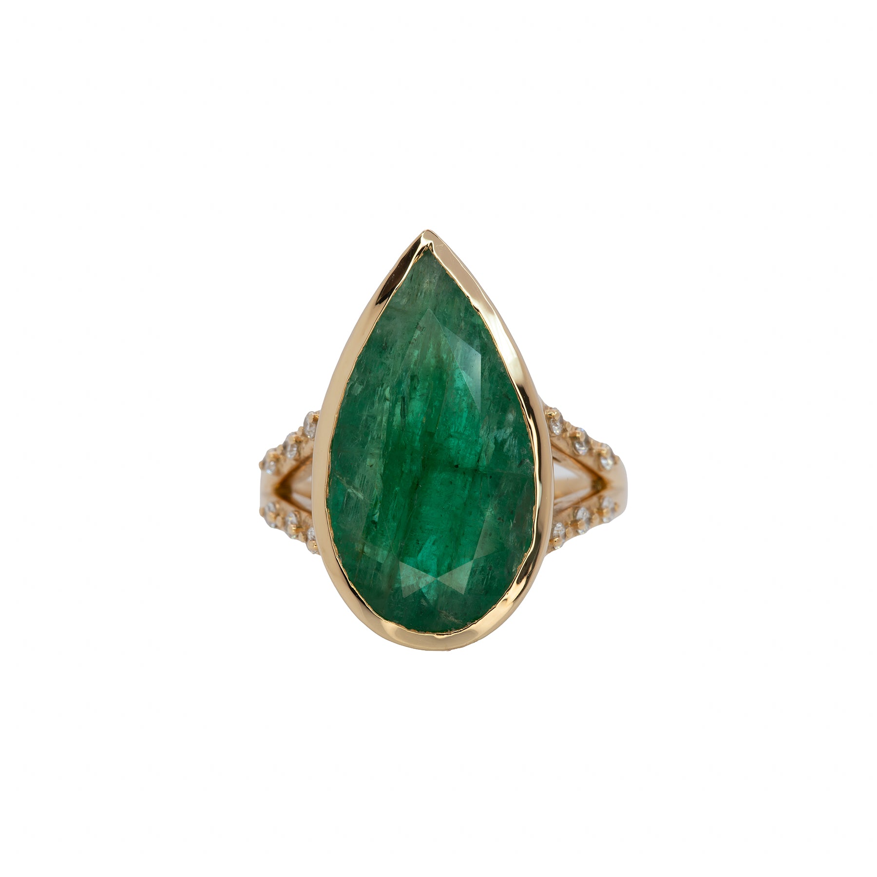 14K yellow gold Zambian emerald pear ring with diamond accents