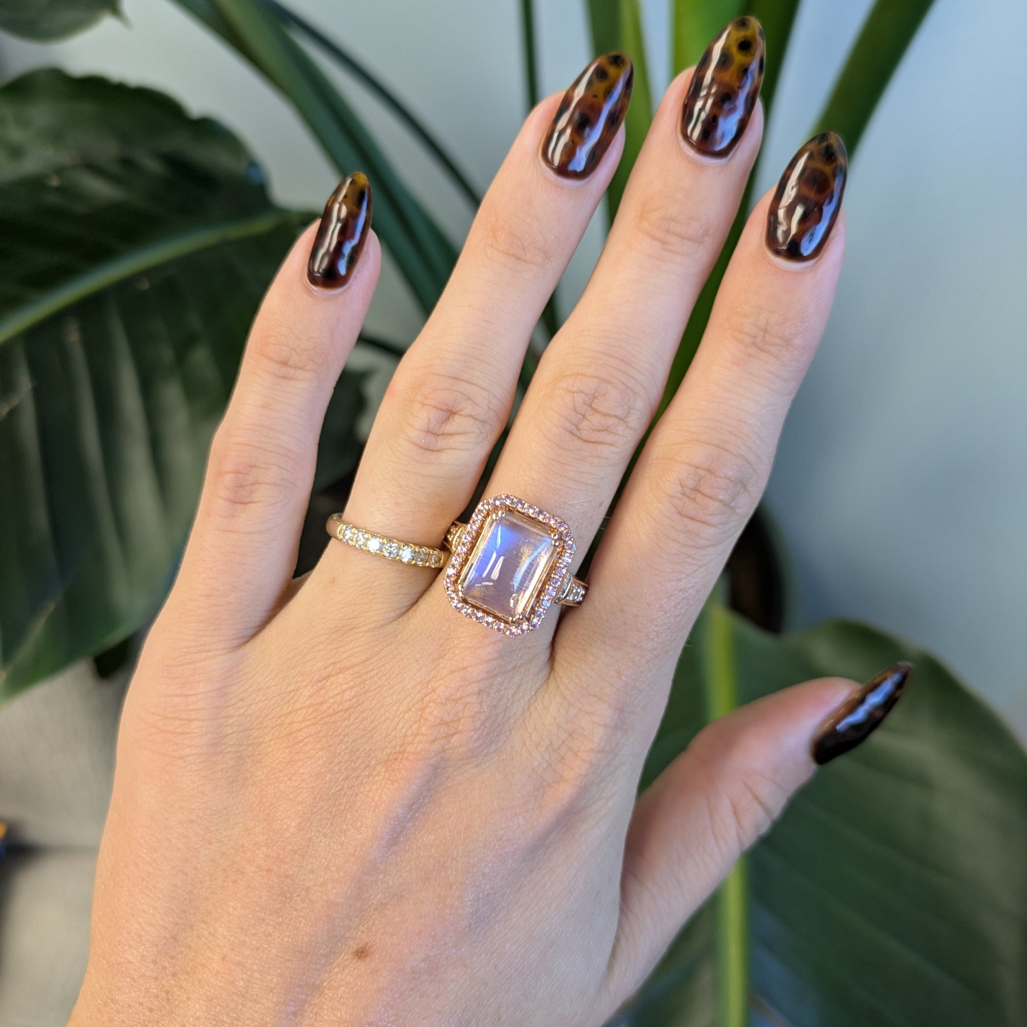 14K rose gold rainbow moonstone ring