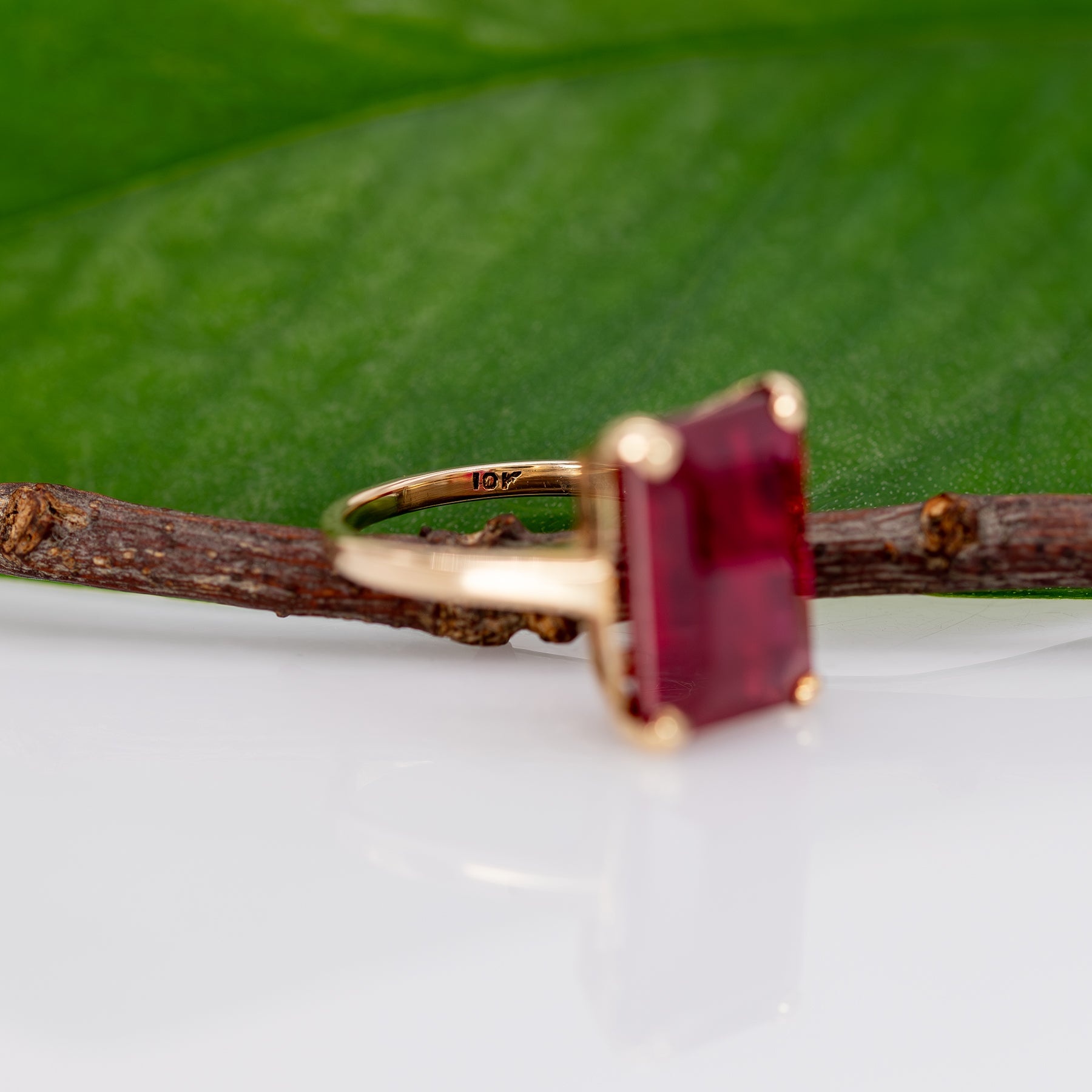 10K yellow gold Madagascar ruby emerald-cut estate ring