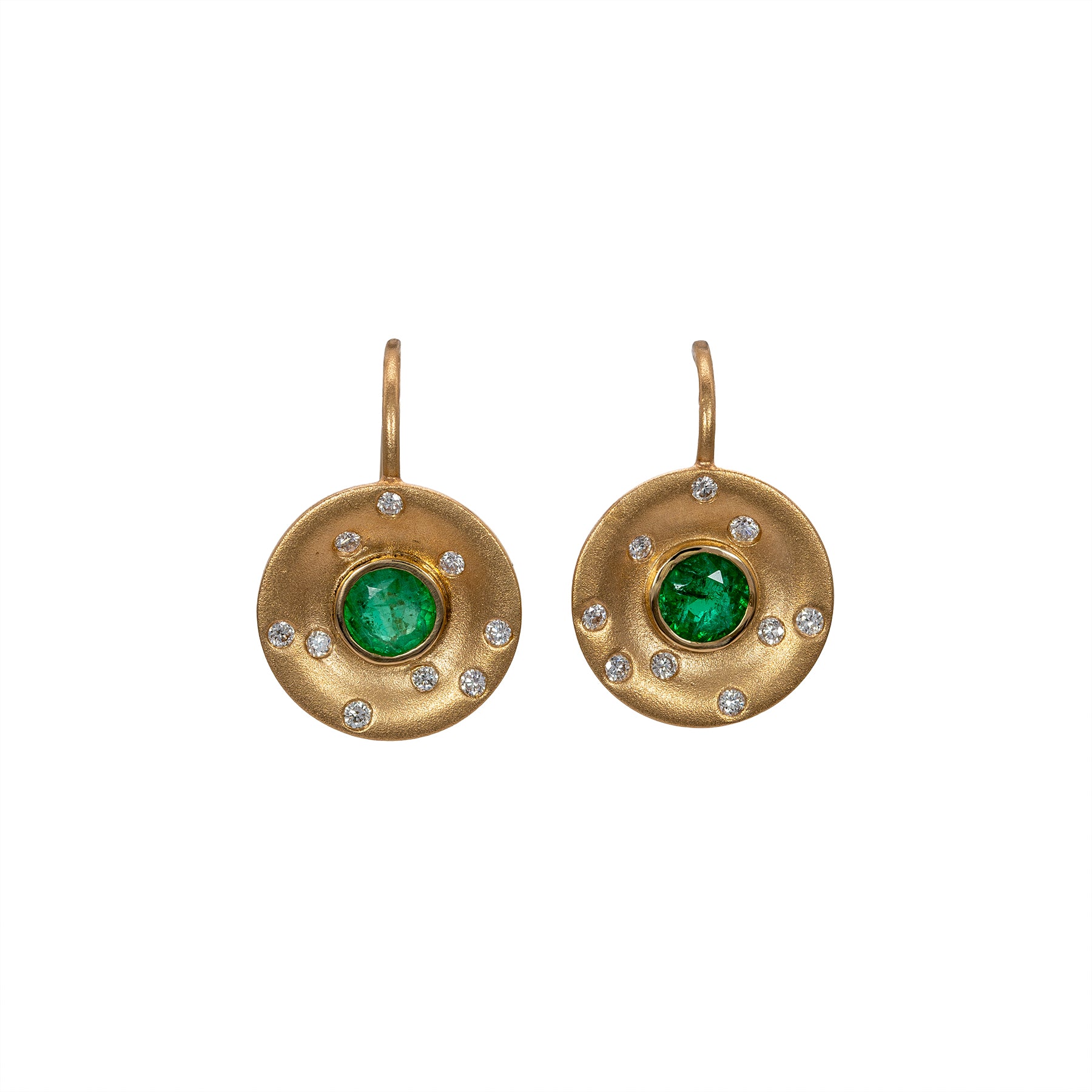 14K yellow gold matte Zambian emerald stud earrings with diamond accents