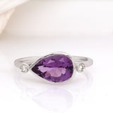 Twilight Solid 14K Gold Zambian Amethyst Ring with Natural Diamonds, Pear 12x8mm