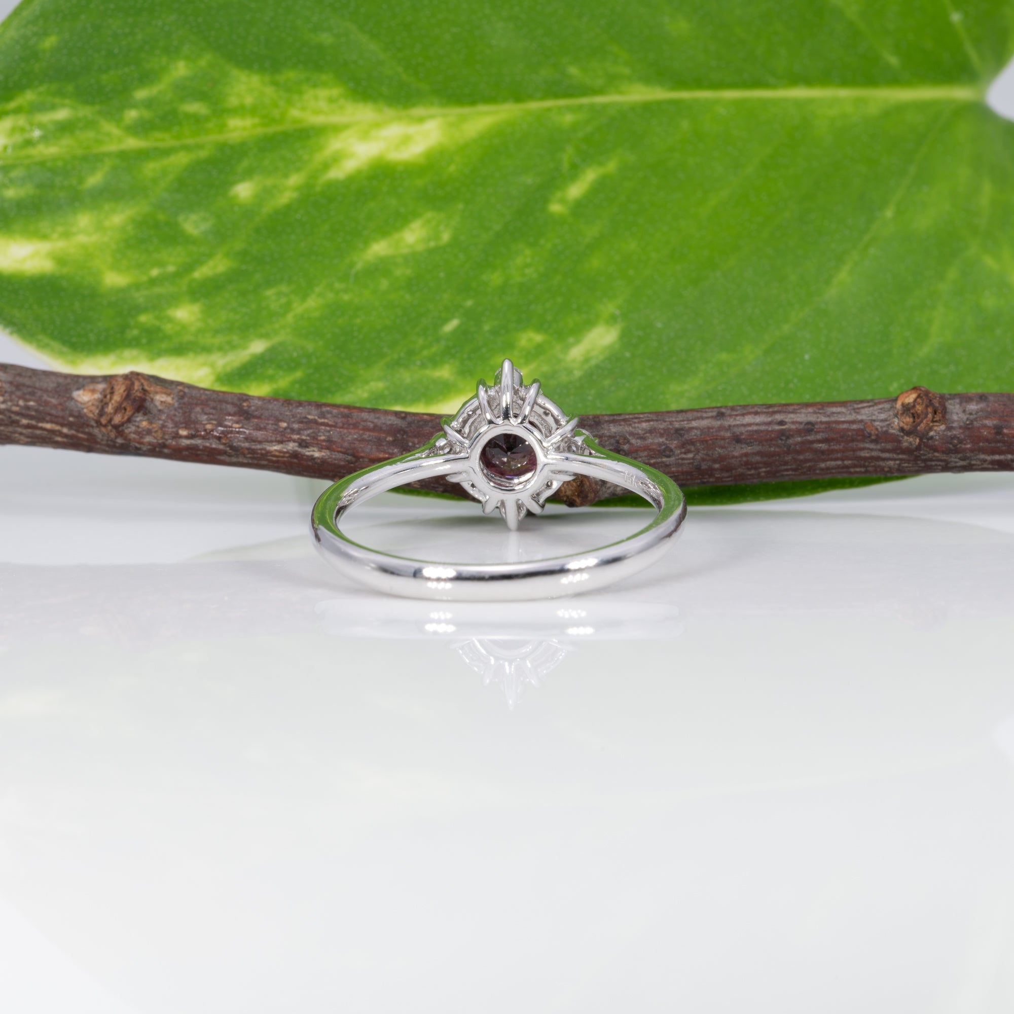 14K white gold red spinel ring with diamond halo