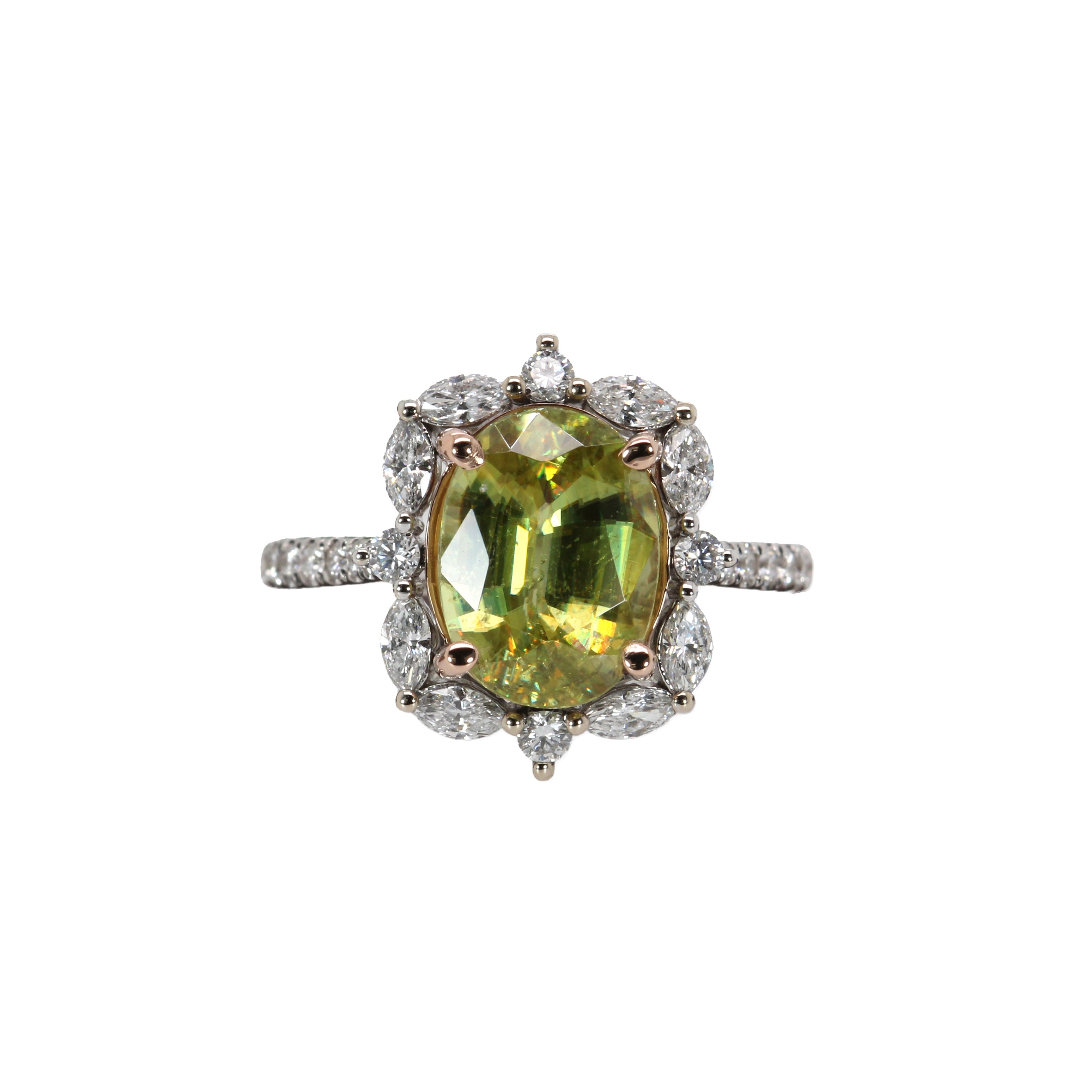 Elise 14K Dual White Rose Gold 3.29cts Sphene Diamond Ring | Oval 11X9mm