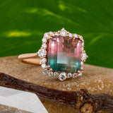 Nebby Solid 14k Gold Bi-Color Tourmaline Ring with Natural Diamonds Accents, 10.4x10.2mm