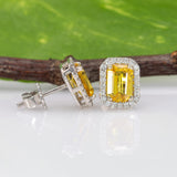 14K white gold yellow sapphire stud earrings with diamond halo
