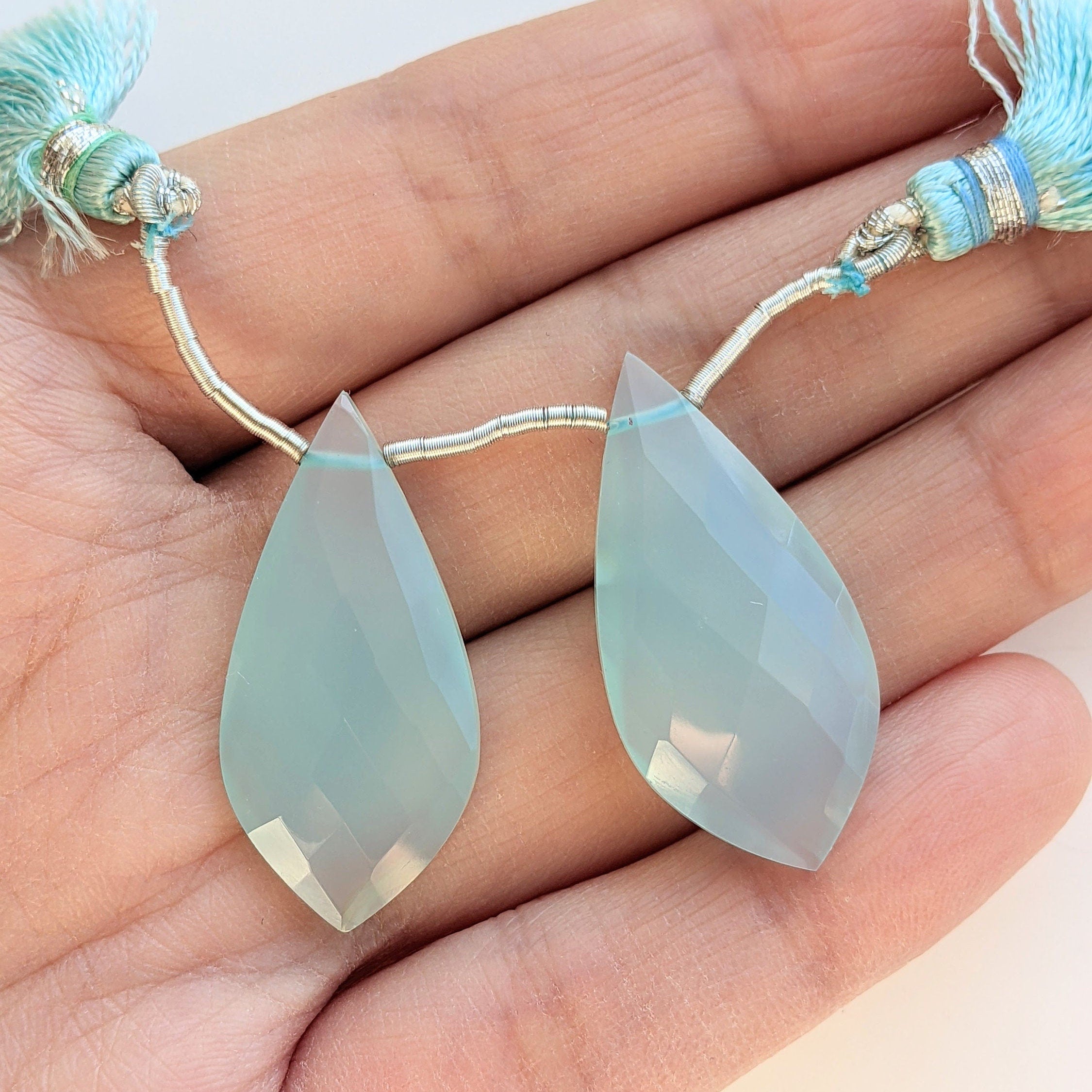 Peruvian Chalcedony || Drilled Matching Pair || Leaf Shape - Side Drilled || Beautiful Faceted Gem || 36x15x6mm