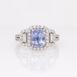 Cinderella Solid 14k White Gold Cornflower Blue Sapphire Ring with Natural Diamond Accents | Emerald cut, 8x7mm