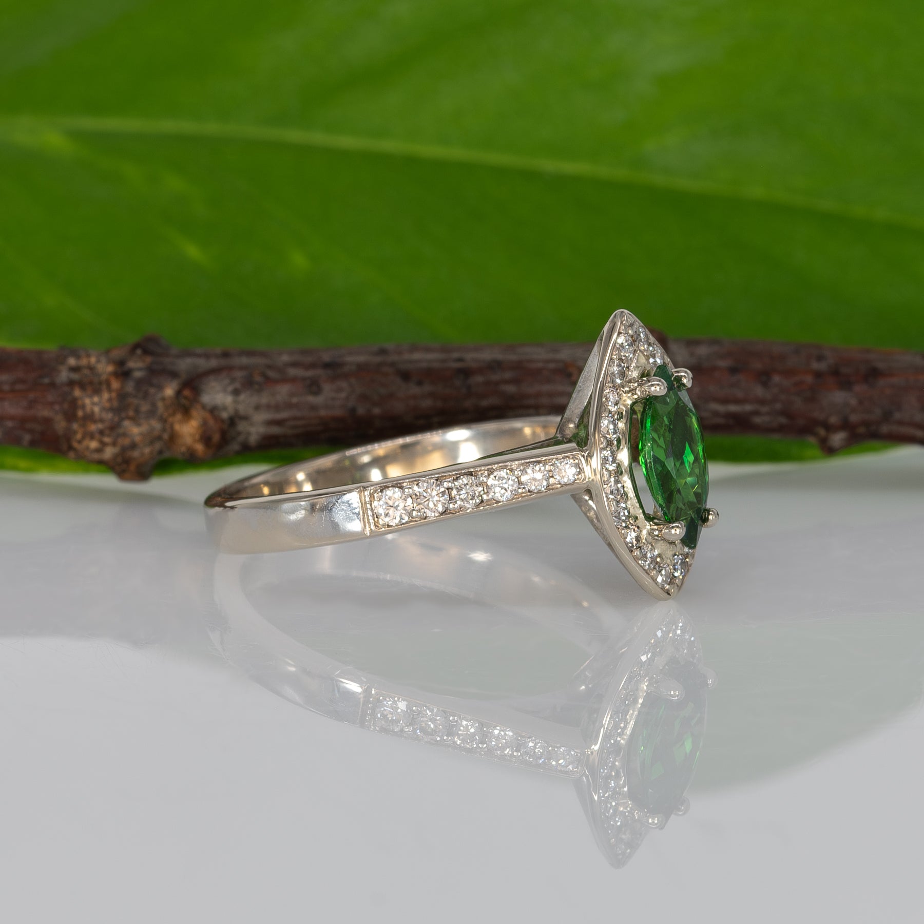 14K yellow gold marquise tsavorite garnet estate ring with diamond accents