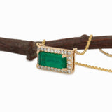 Yelina Solid 14k Gold Colombian Emerald Necklace with Natural Diamonds Accents 11x4mm