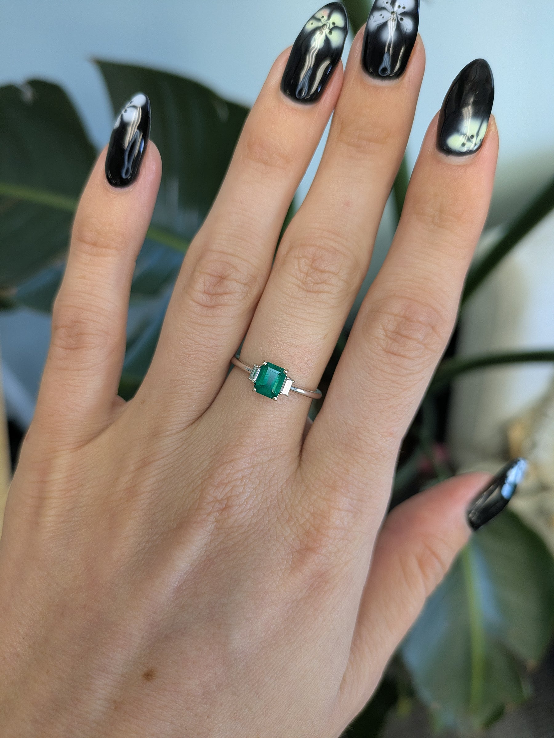 14K white gold Colombian emerald ring with diamond accents