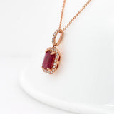 Shobha Solid 14k Gold Ruby Pendant with Attached Chain, Natural Diamond Halo, 6x4mm