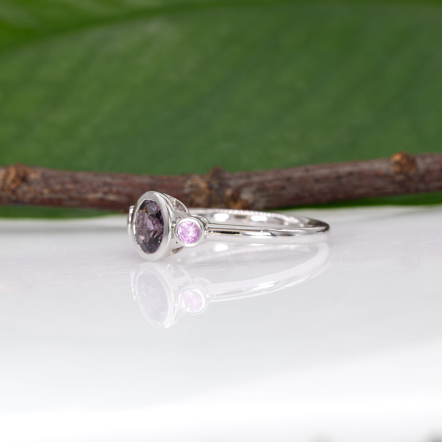 14K white gold purple spinel ring with purple sapphire accents