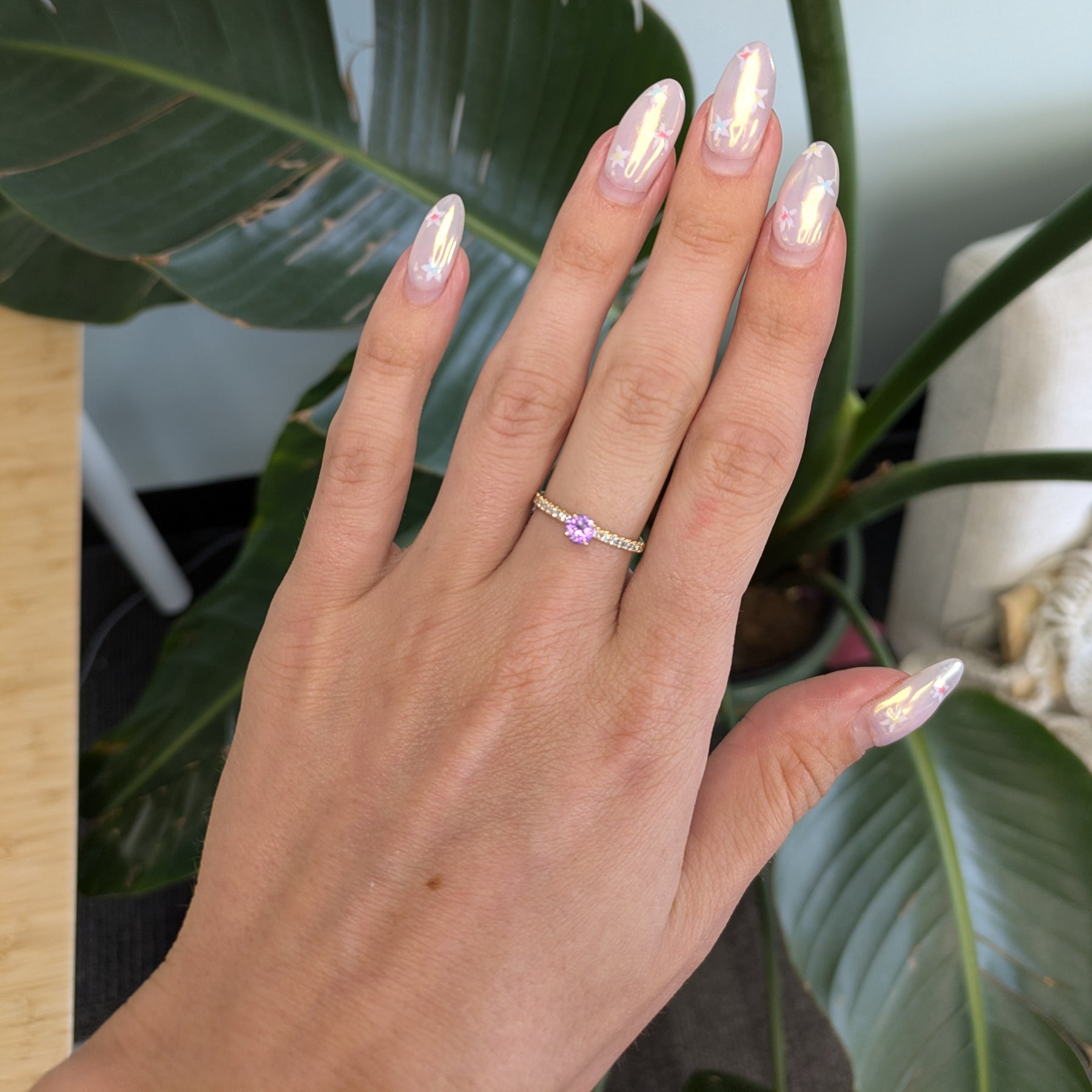14K yellow gold purple sapphire round ring with diamond halo