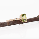 Noor Solid 14k Gold Peridot Ring with Natural Diamonds Accents, Emerald cut 7x5mm