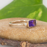 Amethyst Ring with Natural Diamond Accents in Solid 14K Gold – Emerald Cut 7x5mm Purple Gemstone Ring, Vintage Style Fine Jewelry