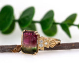 Yuti 14K Yellow Gold Watermelon Tourmaline Diamond Ring | Emerald Cut 12x9mm