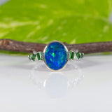 14K white gold boulder opal cabochon ring with tsavorite accents