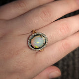 Ingrid Ethiopian Opal Ring with Natural Diamonds Accents: Solid 14K Gold, 11x9mm