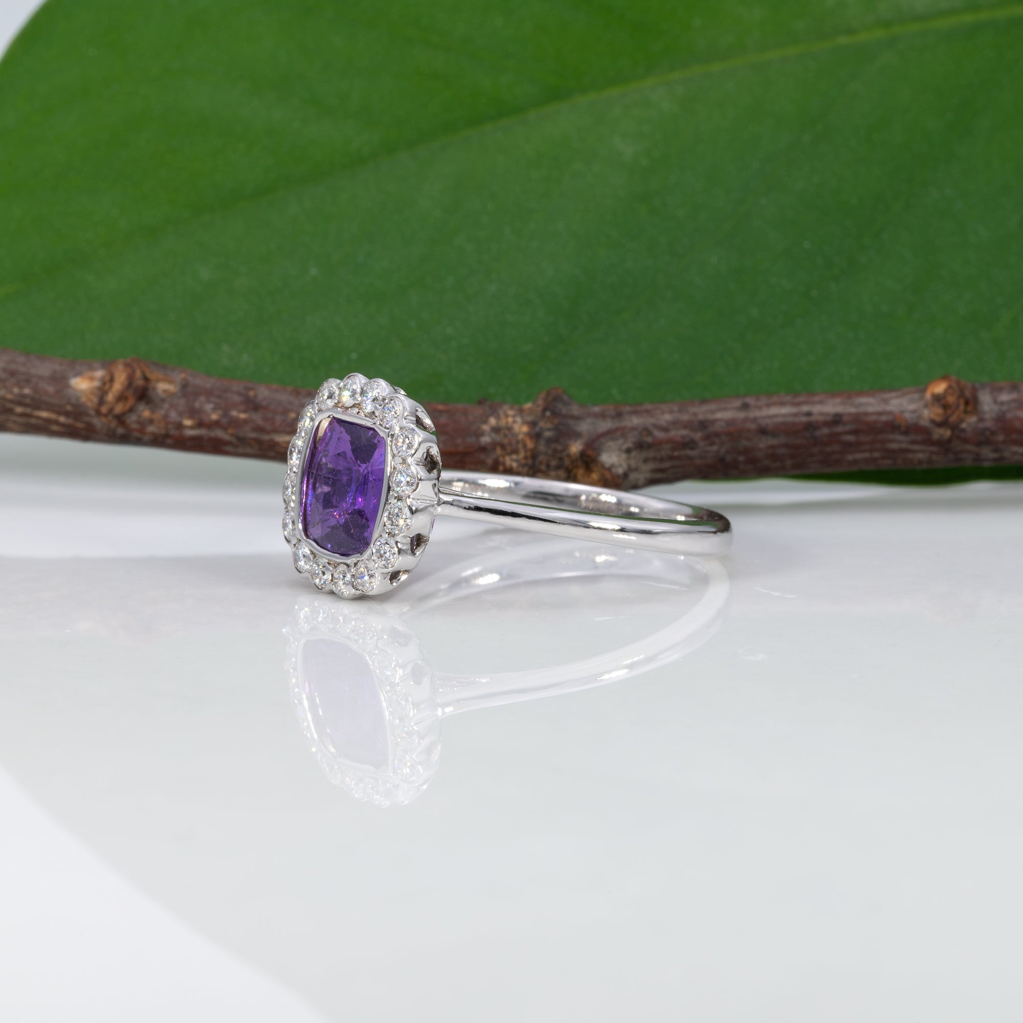 14K white gold GIA purple sapphire ring with diamonds