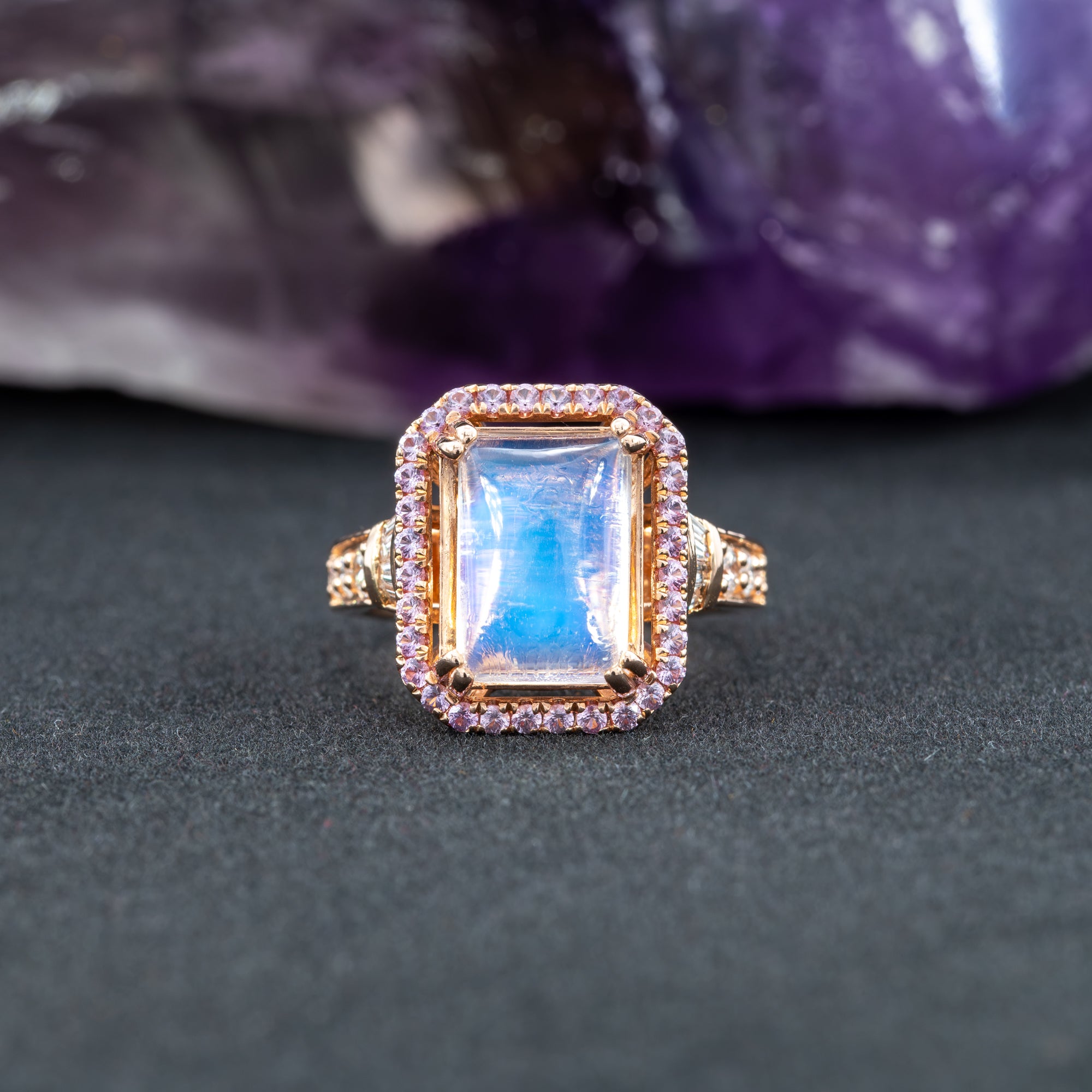 14K rose gold rainbow moonstone ring