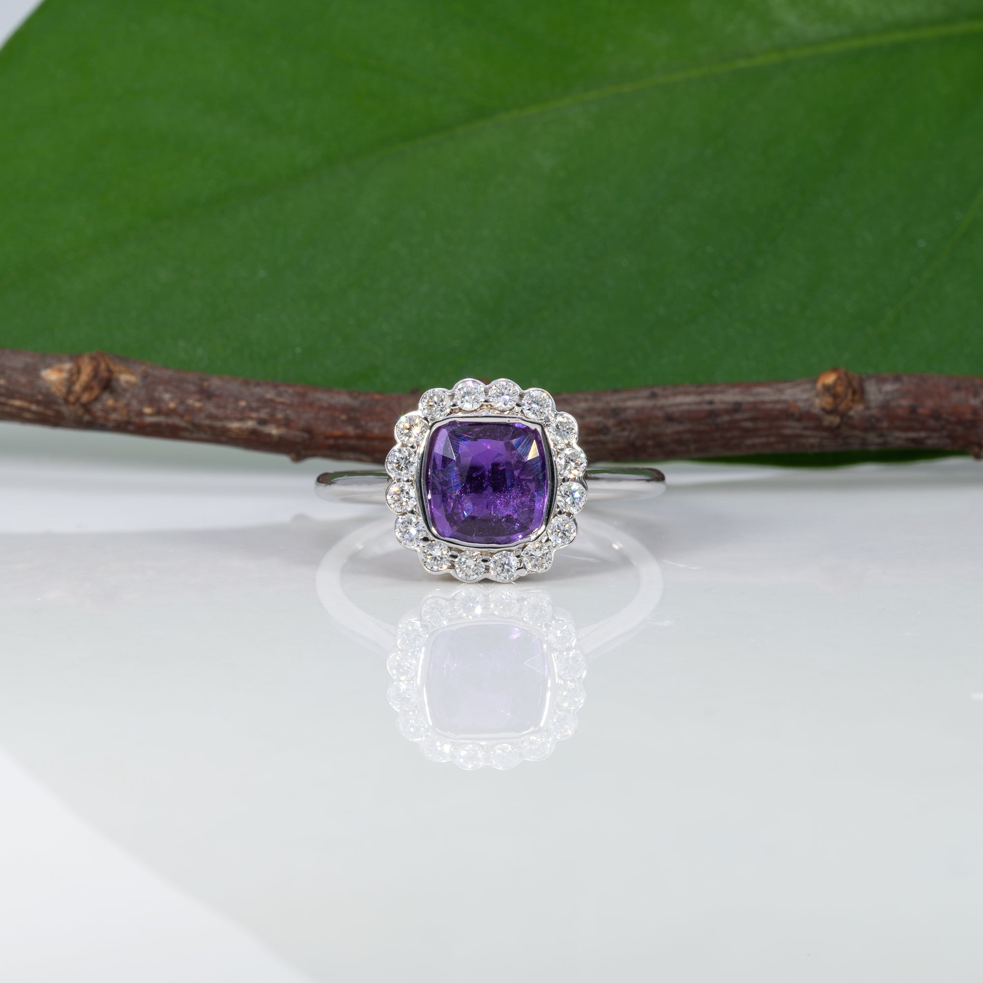 14K white gold GIA purple sapphire ring with diamonds