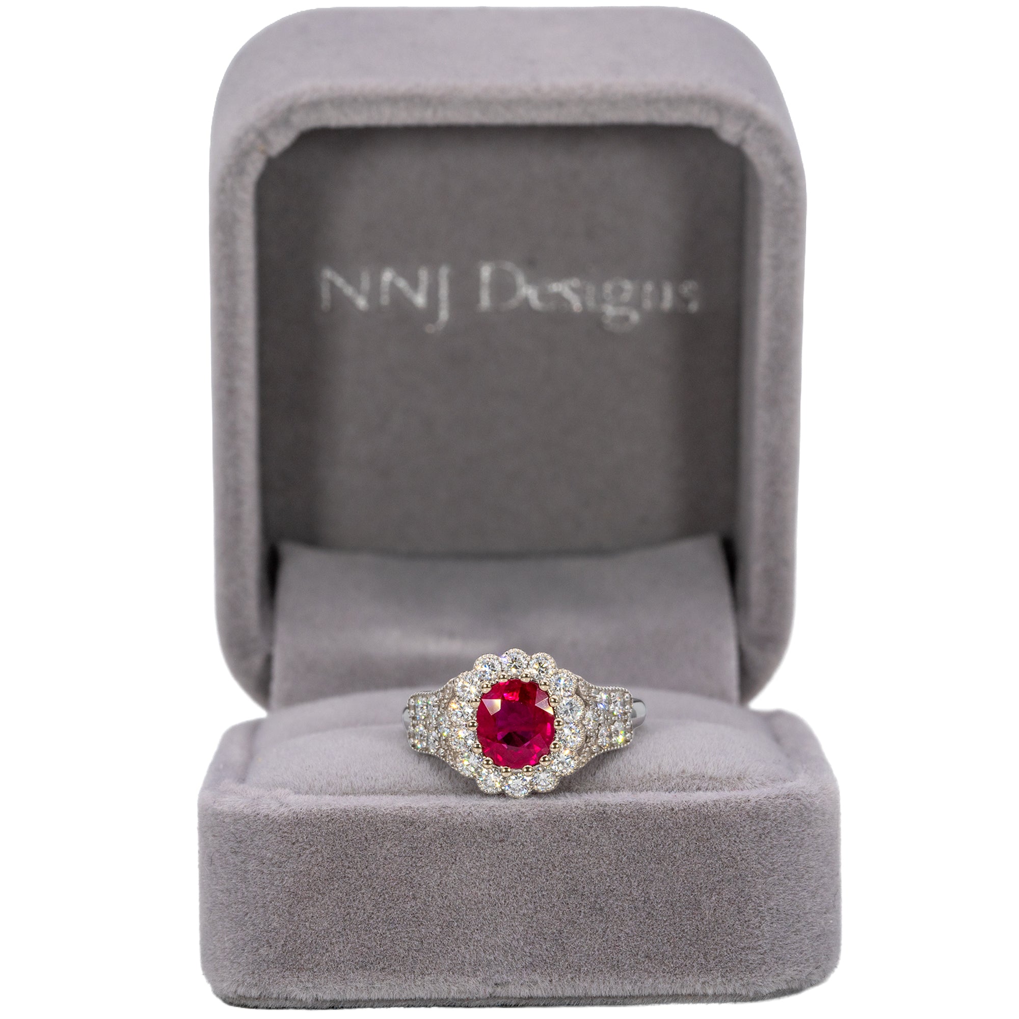14K white gold Burma ruby ring with diamond accents